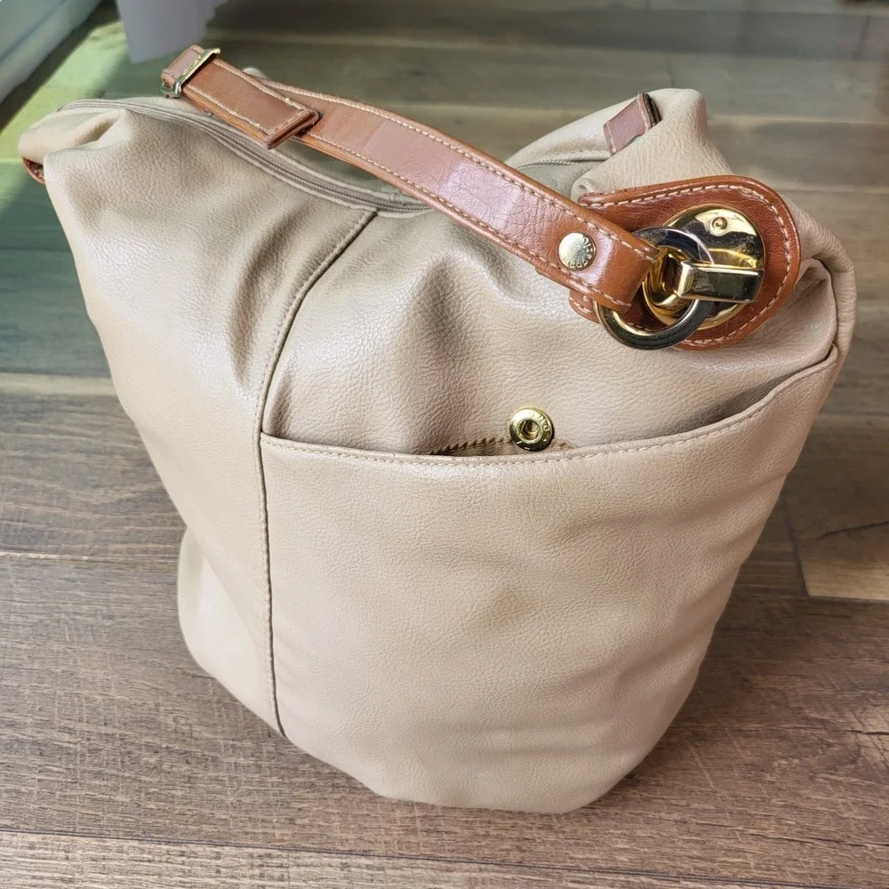 Capezio Vintage Beige Faux Leather Hobo Shoulder Bag Cognac Trim Gold Hardware